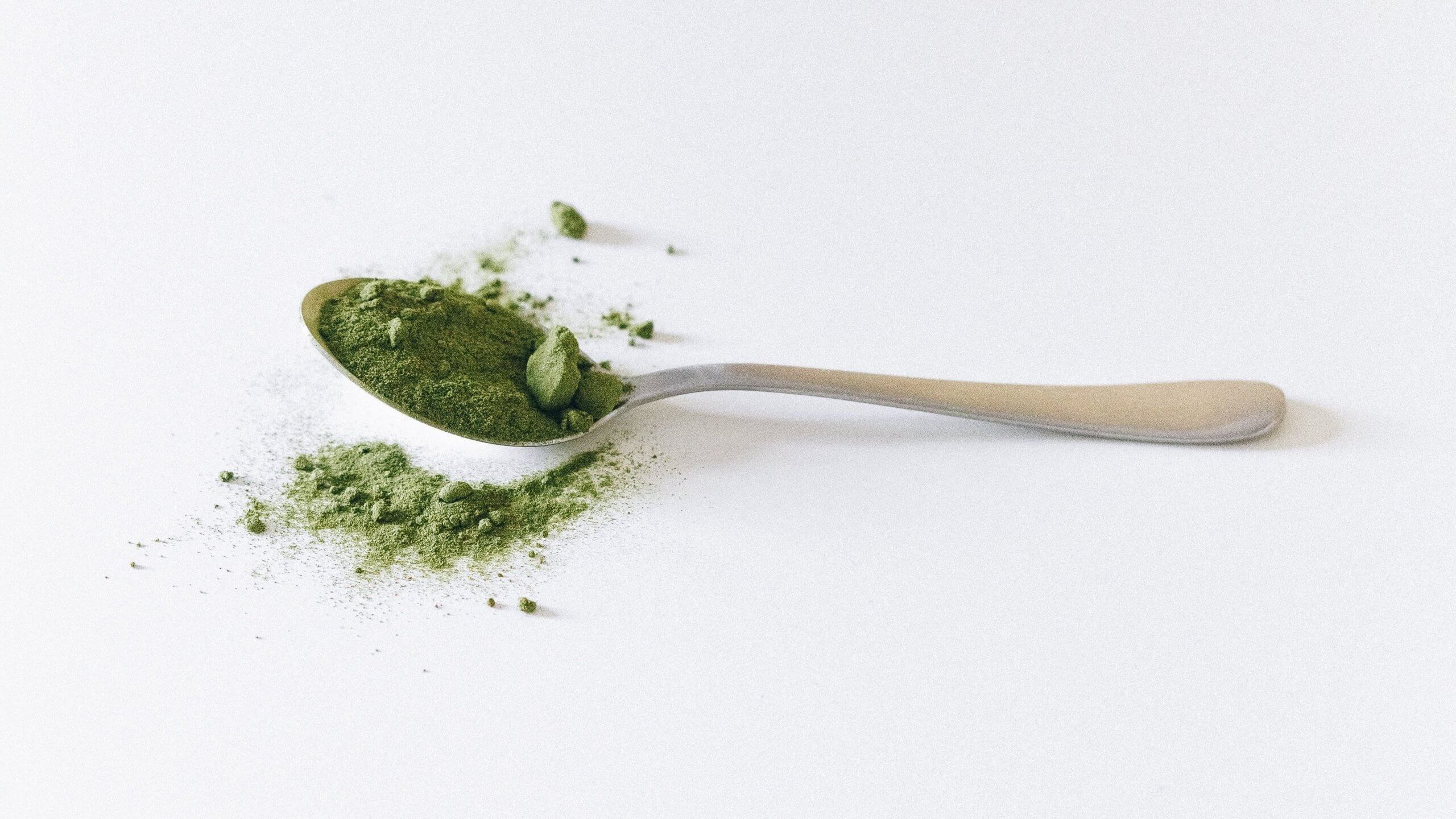 A single, vibrant green tea leaf on a white surface.