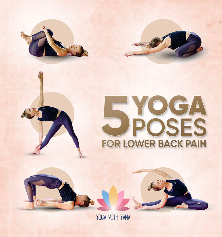Infographic showing 5 yoga poses to ease lower back pain.