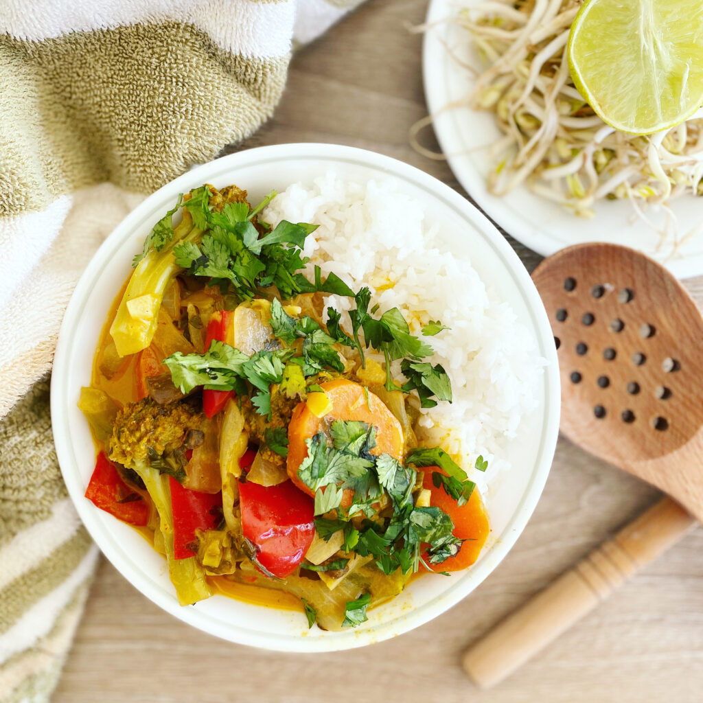 A rich and creamy bowl of vegan Thai red curry with rice and fresh cilantro.